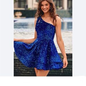 Zapakasa Sequin Tightly Beaded Royal Blue One-Shoulder Dress